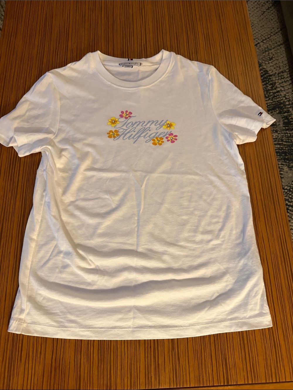 Tommy Hilfiger White Tee with Pink & Yellow Floral Logo
